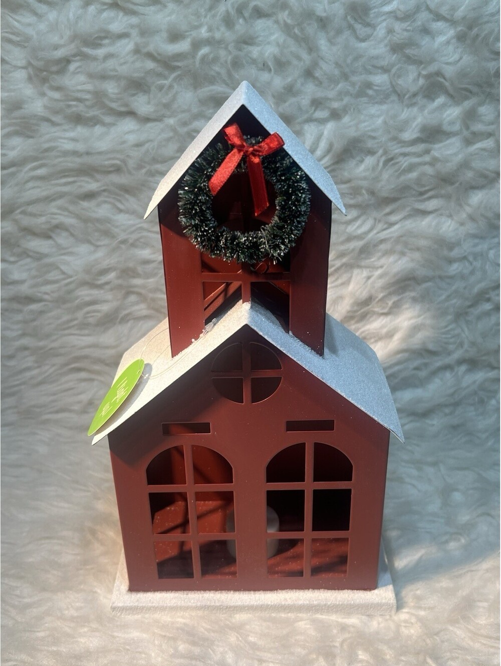 Christmas Red Metal House With Wreath & Light up tea light